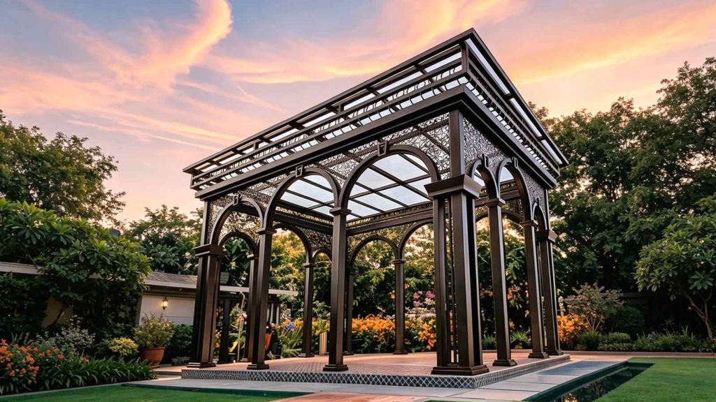 Square glass‑top cast iron gazebo for villa backyard